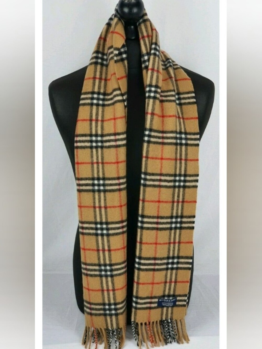Vintage 100%,Lambswool Burberry Tan Plaid Scarf with Black, White and Red Checks